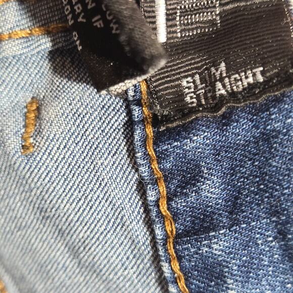 Blue Stitch Slim Straight Men's Blue Jeans Distressed 38W 32L Punk Grunge Skater - Picture 9 of 9